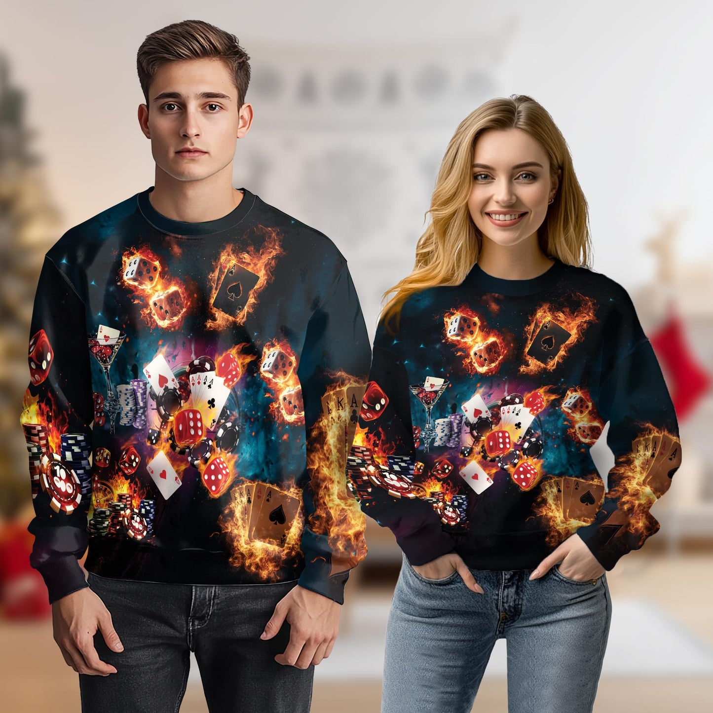 Burning Dice Poker Sweatshirt – Colorful Graphic 3D All Over Print Design