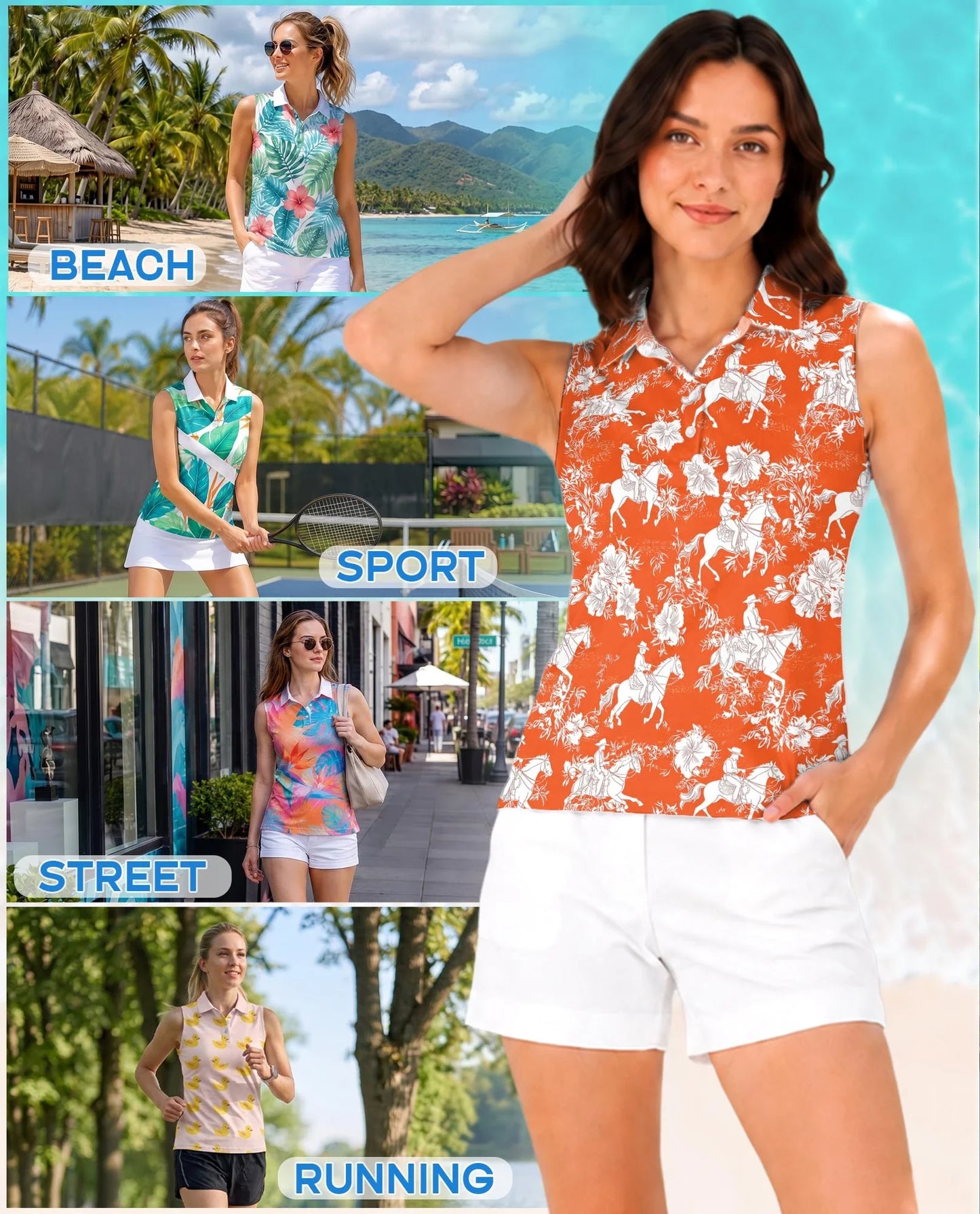 Orange Equestrian Horse Floral Sleeveless Polo Shirt for Women | Azhawaiian