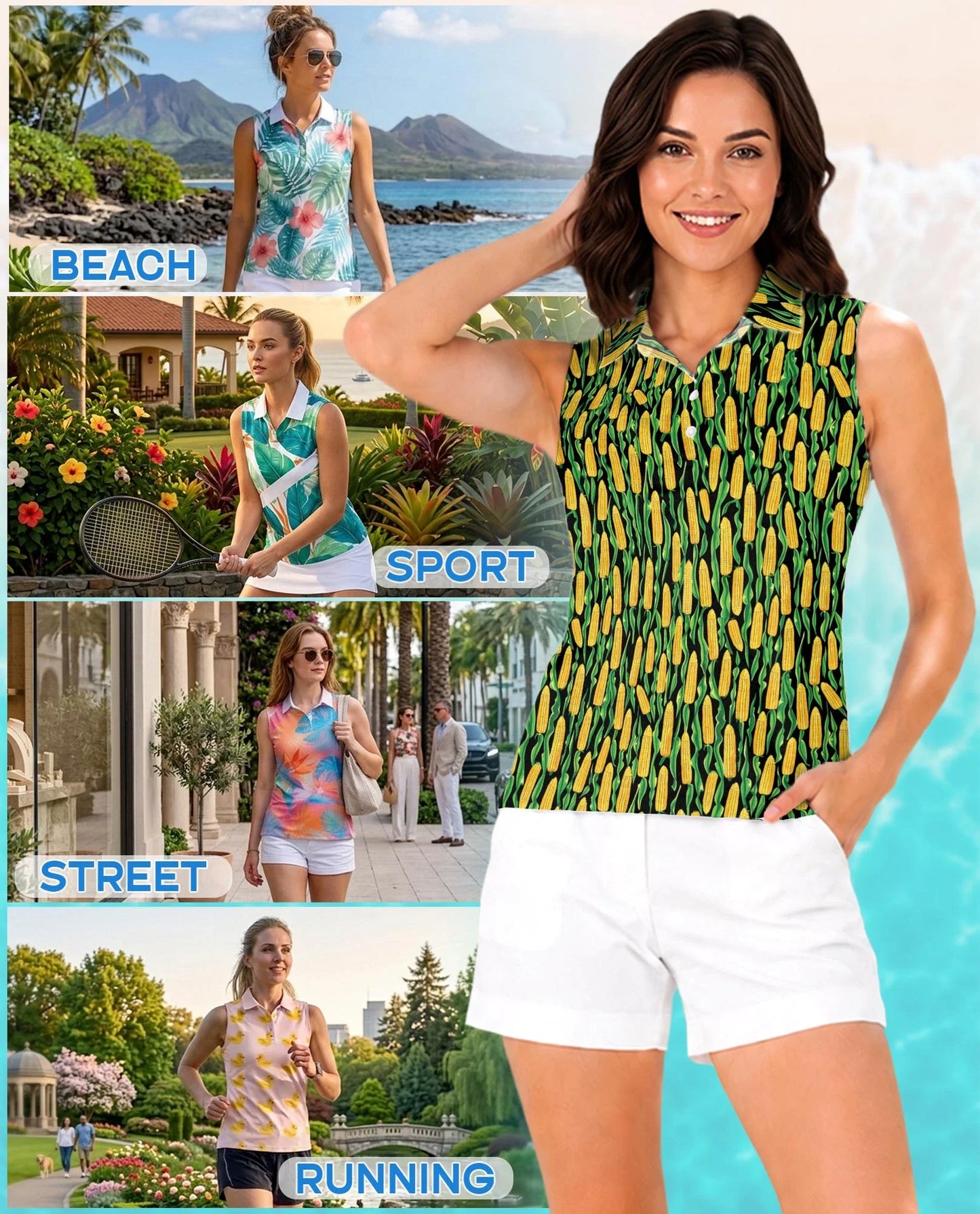 Agricultural Corn Cob Sleeveless Polo Shirt for Women | Azhawaiian