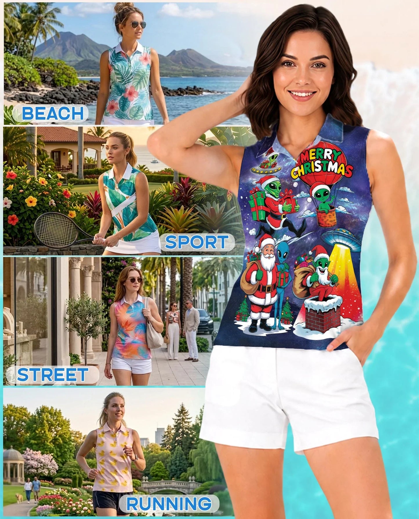 Alien Santas Christmas in the Galaxy Sleeveless Polo Shirt for Women | Azhawaiian