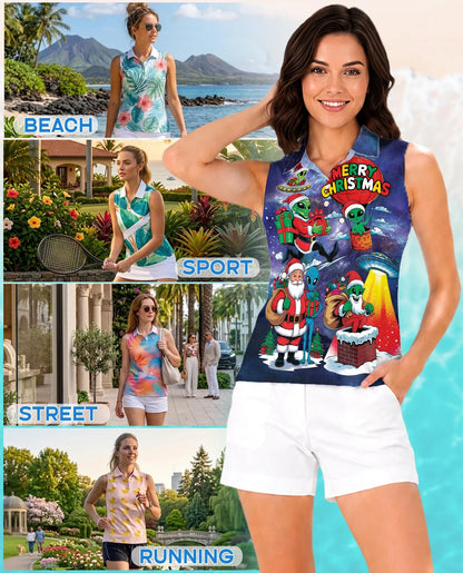 Alien Santas Christmas in the Galaxy Sleeveless Polo Shirt for Women | Azhawaiian