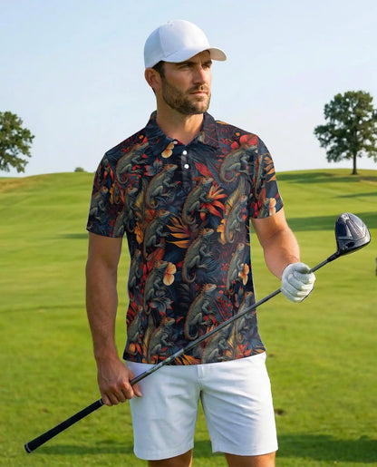 Iguana Tropical Polo Shirt - Hawaiian Reptile Floral Wildlife Design | Azhawaiian