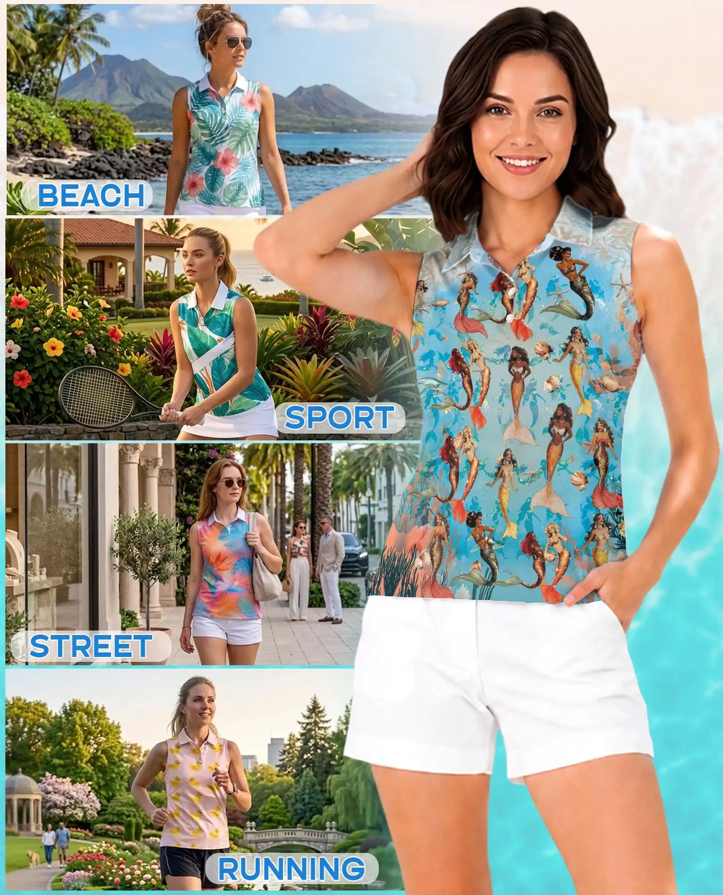 Lovely Mermaid Sea Sleeveless Polo Shirt for Women, Ocean Fantasy Style | Azhawaiian