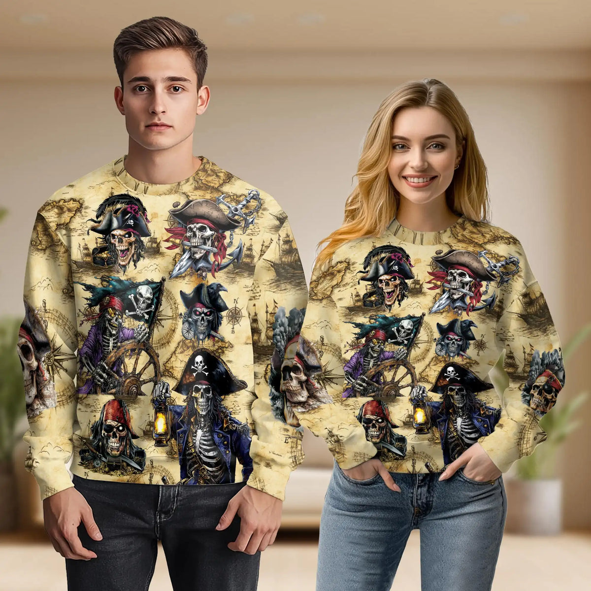 Vintage Pirate Map and Skulls Sweatshirt – Vintage 3D All Over Print Design