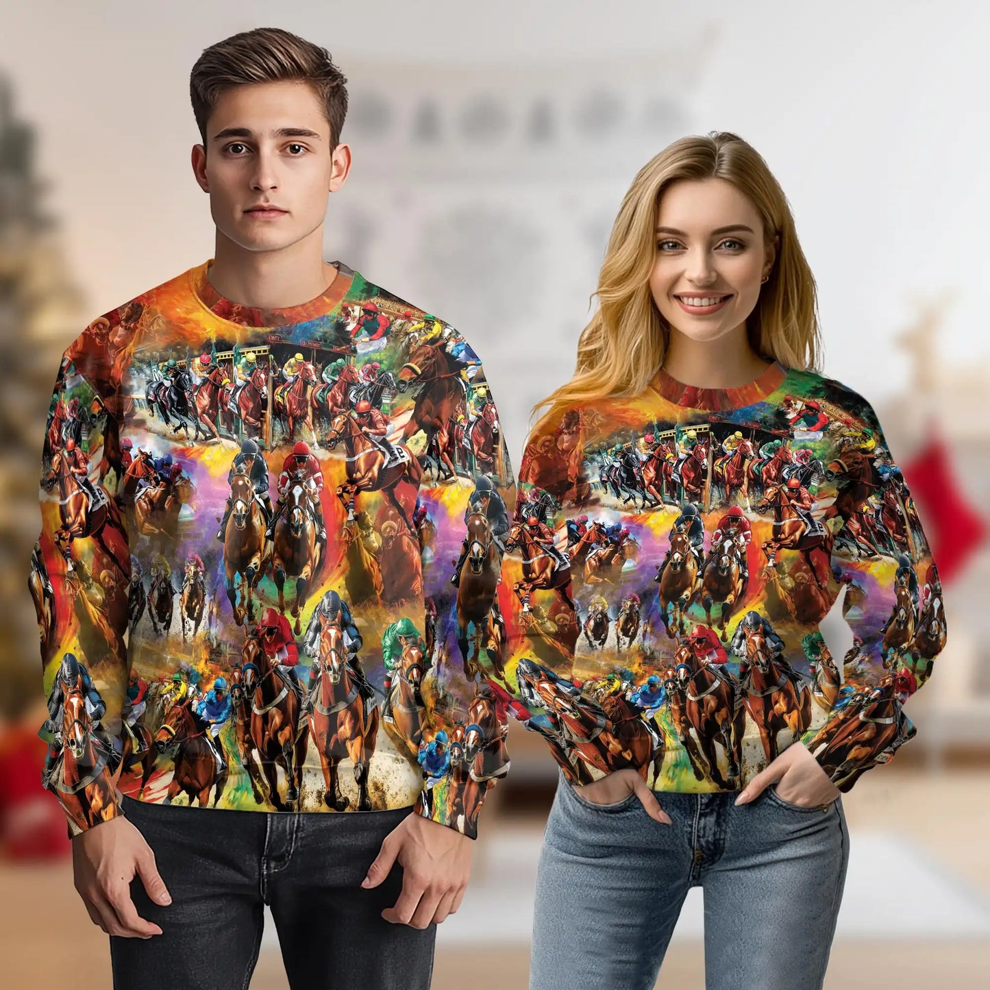 Vibrant Equestrian Horse Racing Sweatshirt – Colorful Graphic 3D All Over Print Design