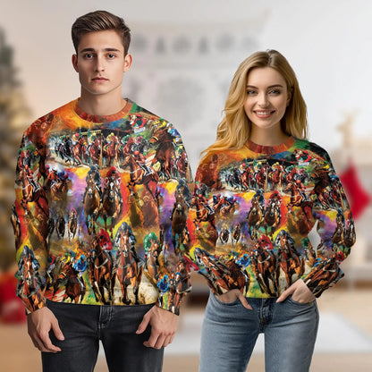 Vibrant Equestrian Horse Racing Sweatshirt – Colorful Graphic 3D All Over Print Design