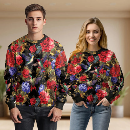 Hummingbird and Rose Floral Sweatshirt – Colorful Graphic 3D All Over Print Design