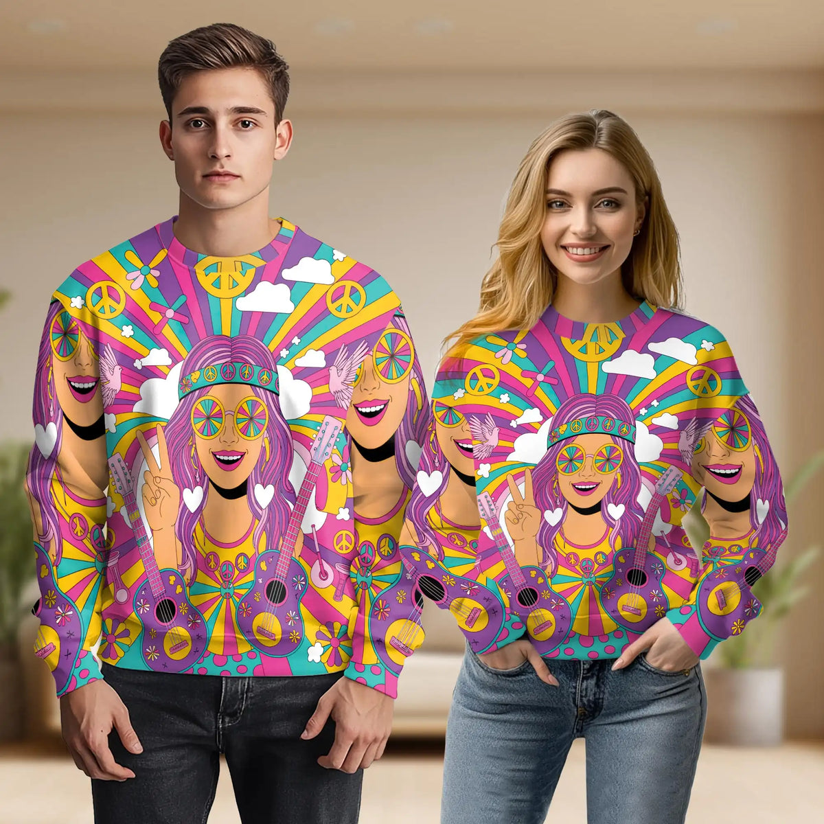 Guitar Hippie Girl Sweatshirt – Colorful Graphic 3D All Over Print Design