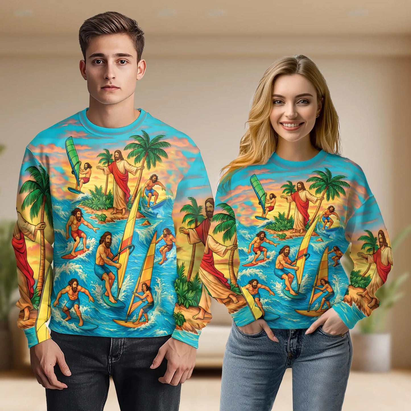 Jesus Surfing Tropical Sweatshirt – Tropical 3D All Over Print Design