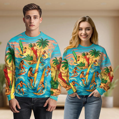 Jesus Surfing Tropical Sweatshirt – Tropical 3D All Over Print Design