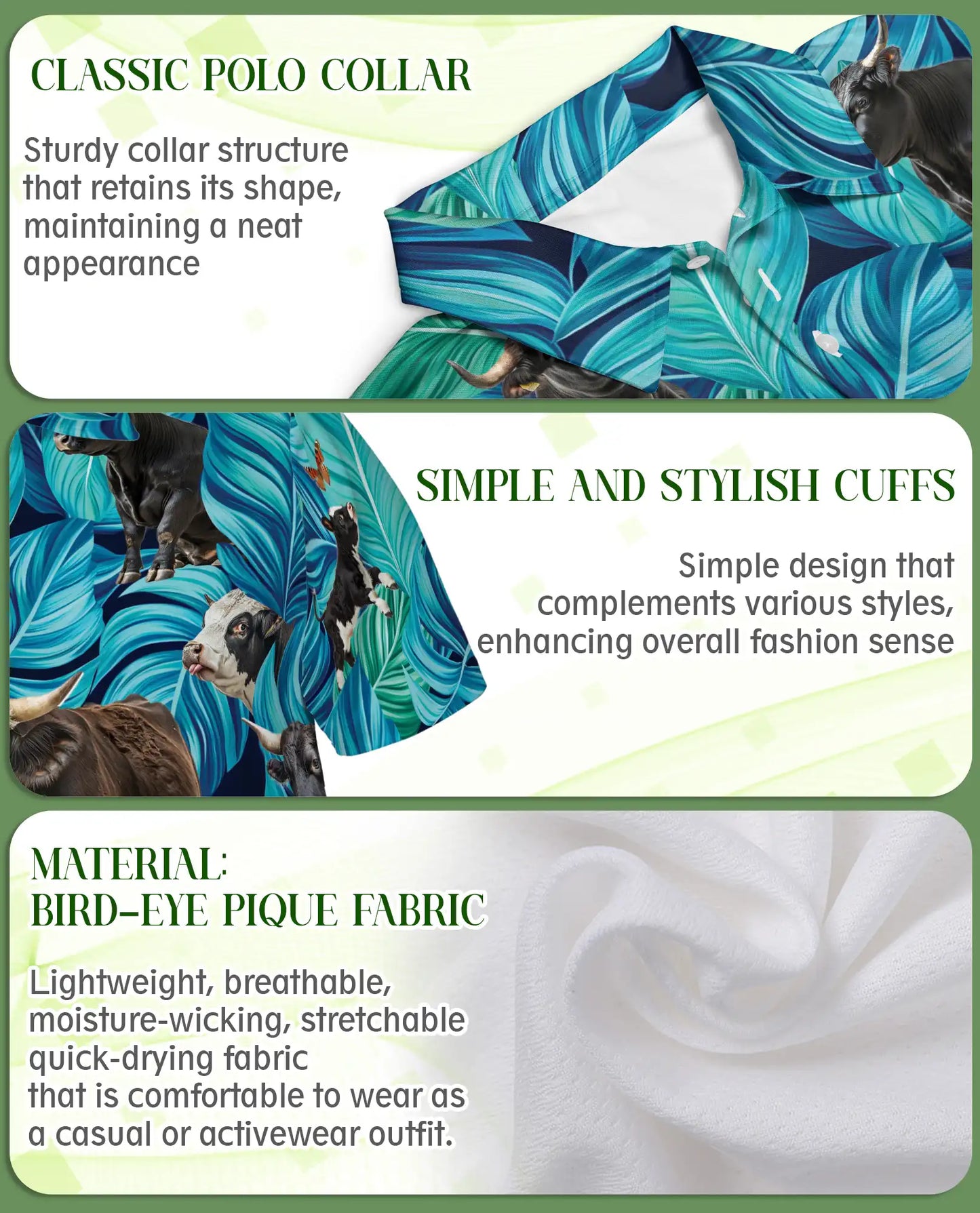 Cow Tropical 3D Polo Shirt for Men, Funny Farm Animal Leaf Style | Azhawaiian