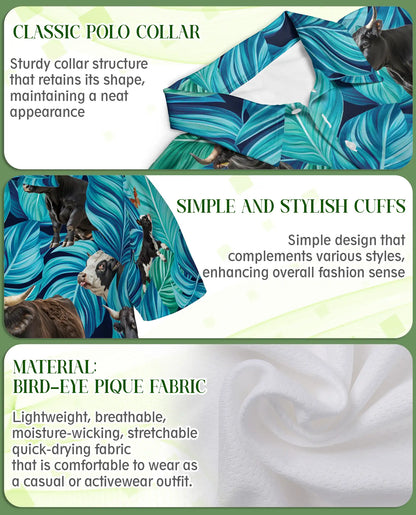 Cow Tropical 3D Polo Shirt for Men, Funny Farm Animal Leaf Style | Azhawaiian