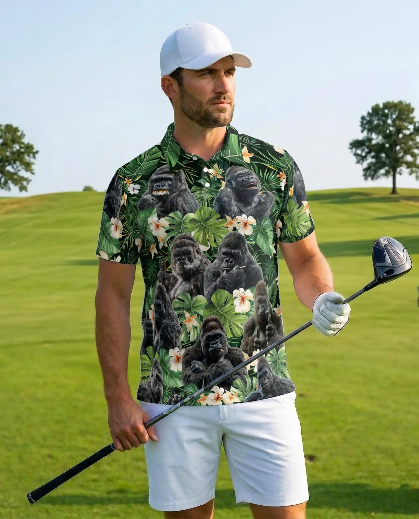 Gorilla Jungle Polo Shirt for Men, Wild Animal Print Tropical | Azhawaiian