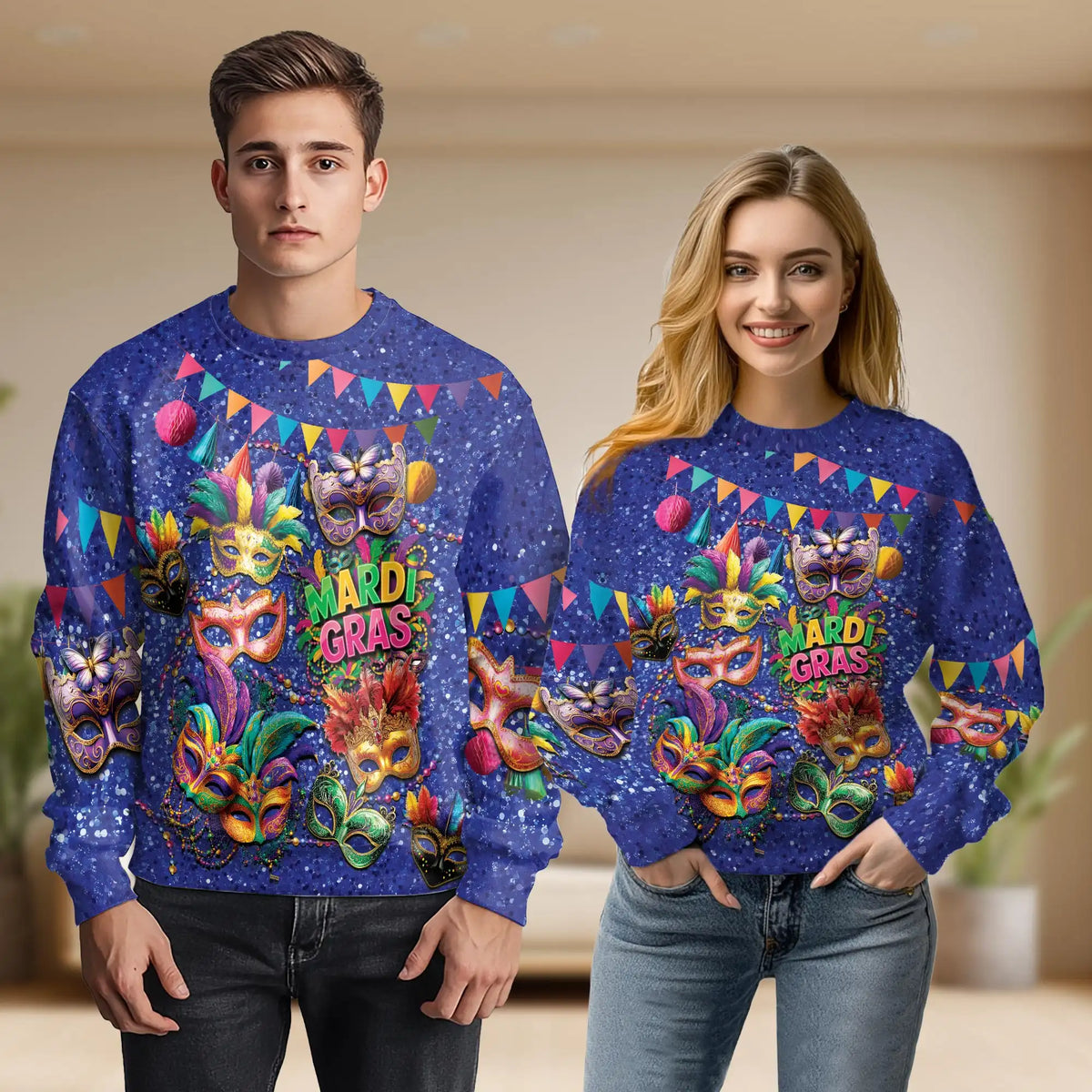Colorful Mardi Gras Feathers and Beads Sweatshirt – Colorful Graphic 3D All Over Print Design