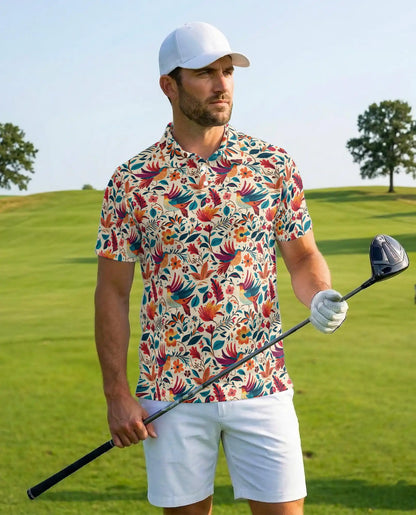 Colorful Tropical Bird Polo Shirt - Floral Folk Art Nature Pattern | Azhawaiian