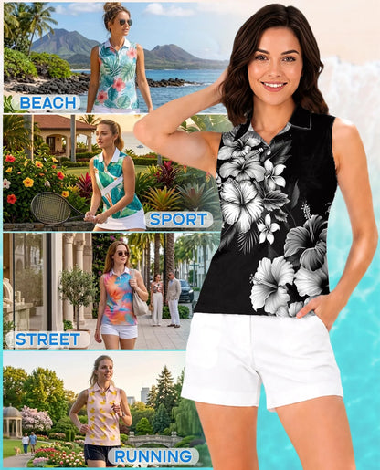 Black And White Hibiscus Sleeveless Polo Shirt for Women, Tropical Floral Style | Azhawaiian