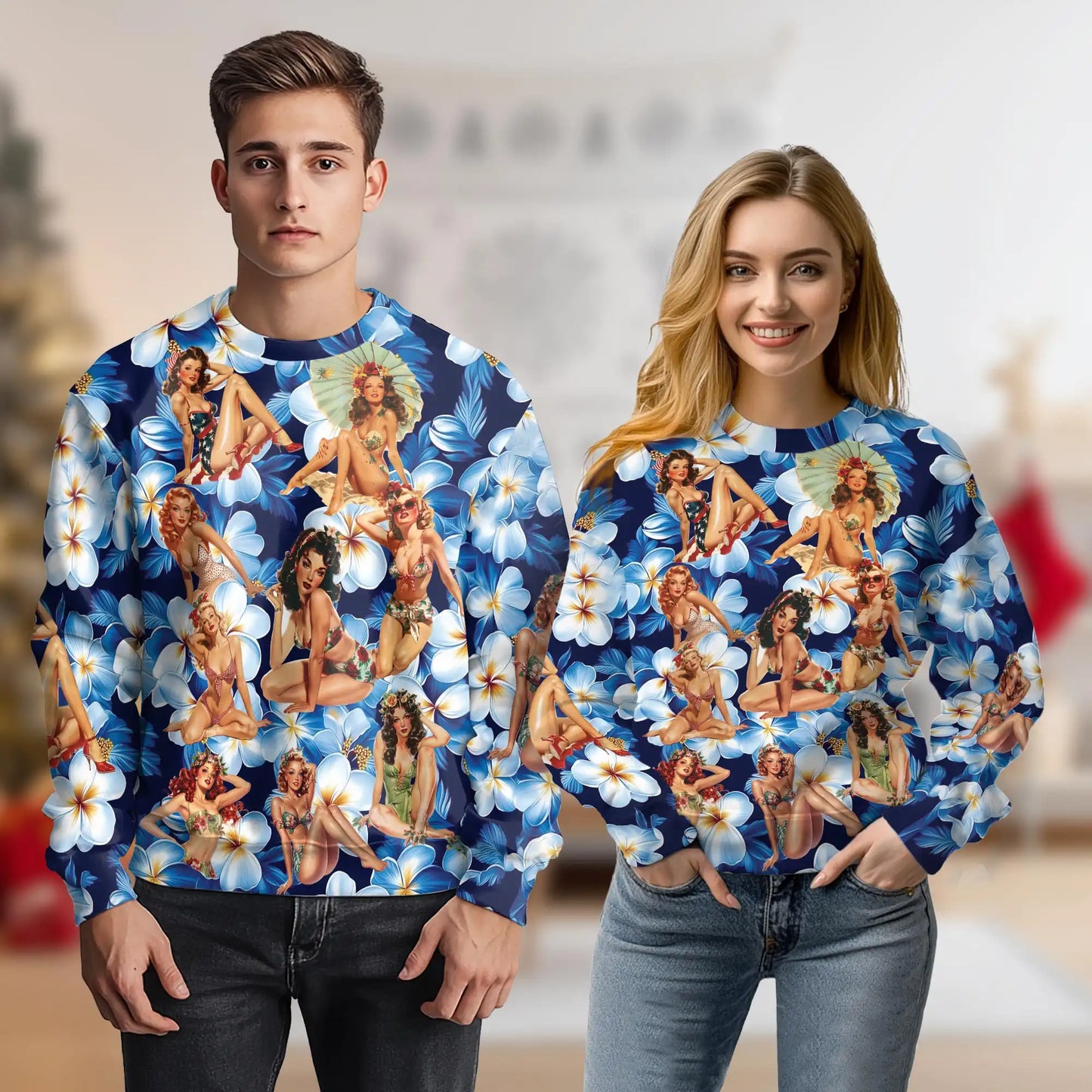 Retro Pinup Girl Floral Sweatshirt – Vintage 3D All Over Print Design