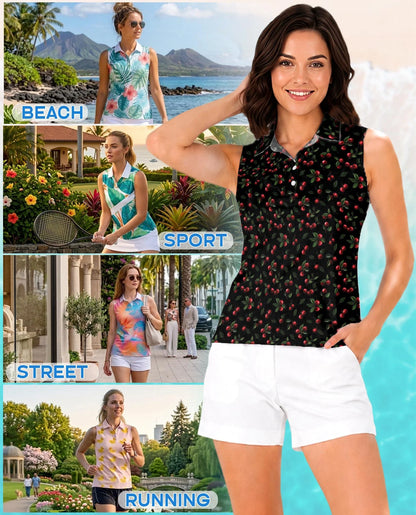Cranberry Pattern Sleeveless Polo Shirt for Women, Fresh Fruit Summer Style | Azhawaiian