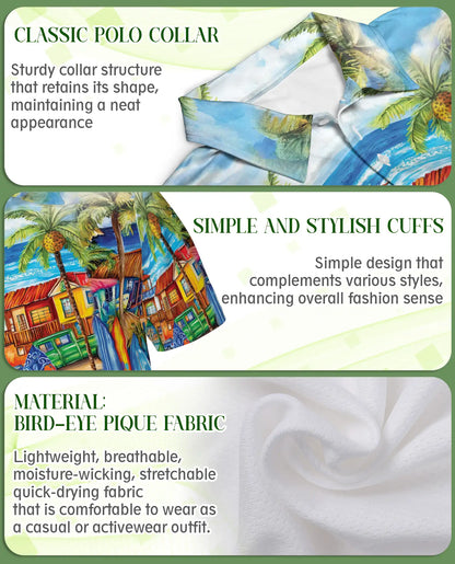 Tropical Surf Town 3D Polo Shirt for Men, Colorful Beach Vacation Style | Azhawaiian