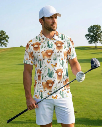 Highland Cow Polo Shirt - Cute Cactus Western Farm Style | Azhawaiian