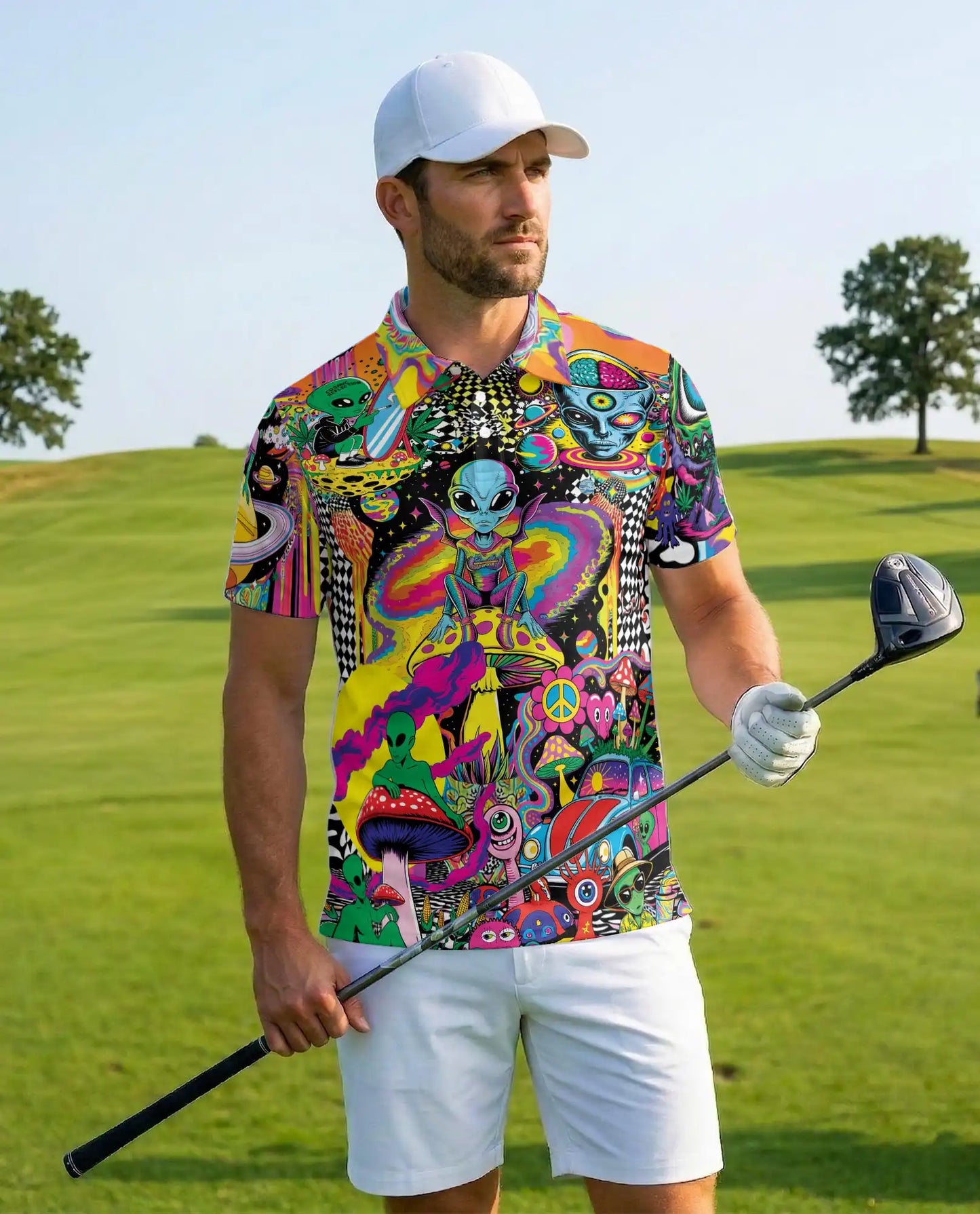Alien Galaxy 3D Polo Shirt for Men, Psychedelic Alien Print | Azhawaiian