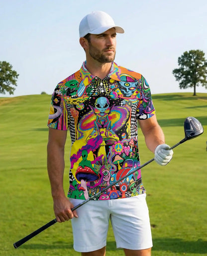 Alien Galaxy 3D Polo Shirt for Men, Psychedelic Alien Print | Azhawaiian