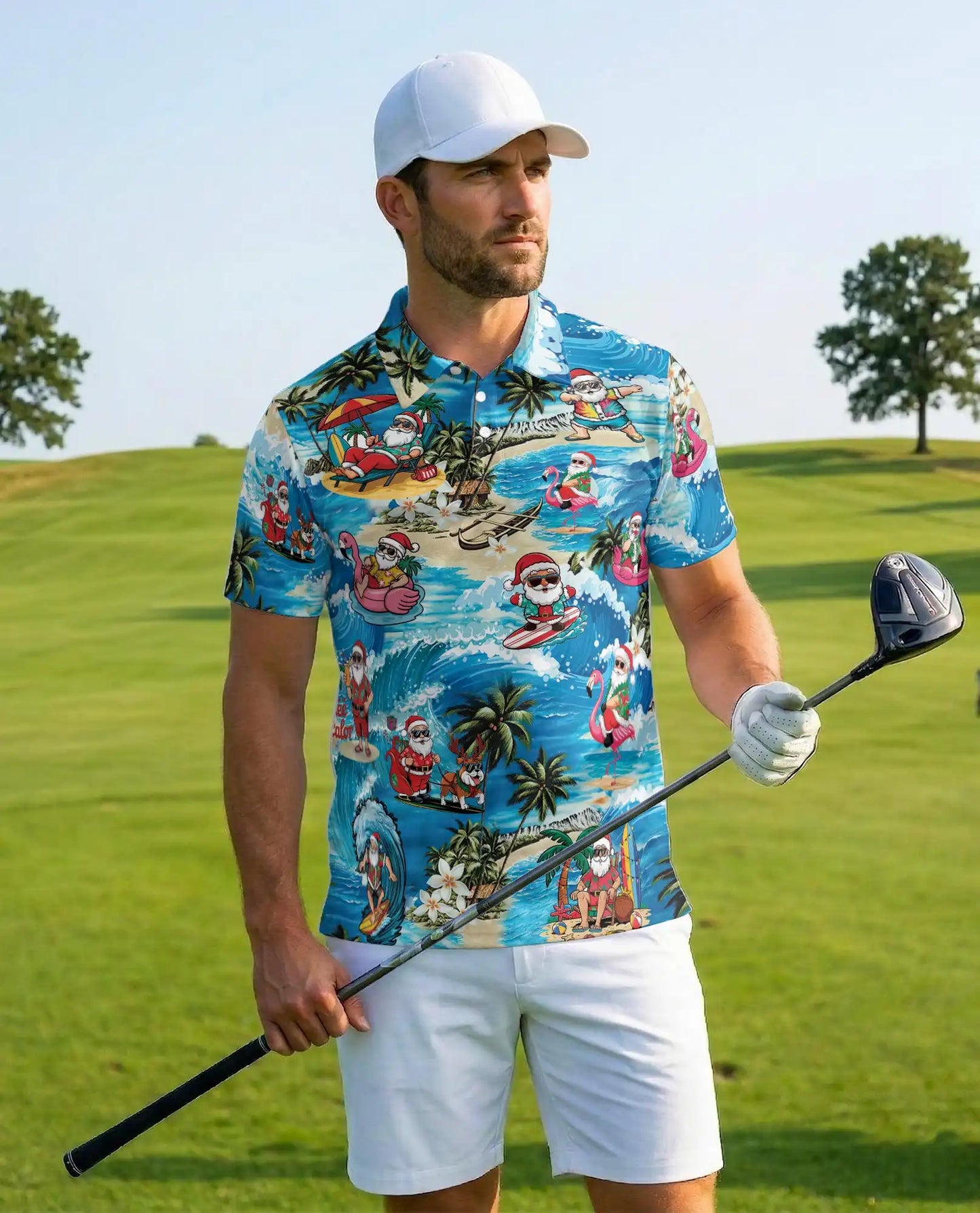 Tropical Santa Beach Christmas Polo Shirt for Men-Surfing Santa Hawaiian | Azhawaiian