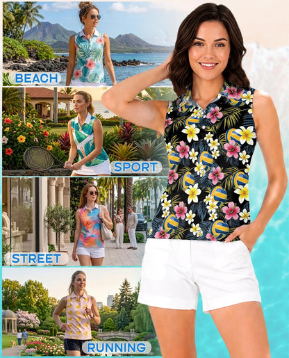 Volleyball Flower Sleeveless Polo Shirt for Women | Azhawaiian