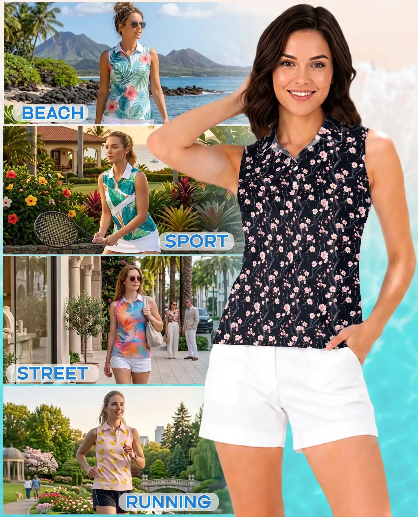 Cherry Blossom Branches Pattern Sleeveless Polo Shirt for Women | Azhawaiian