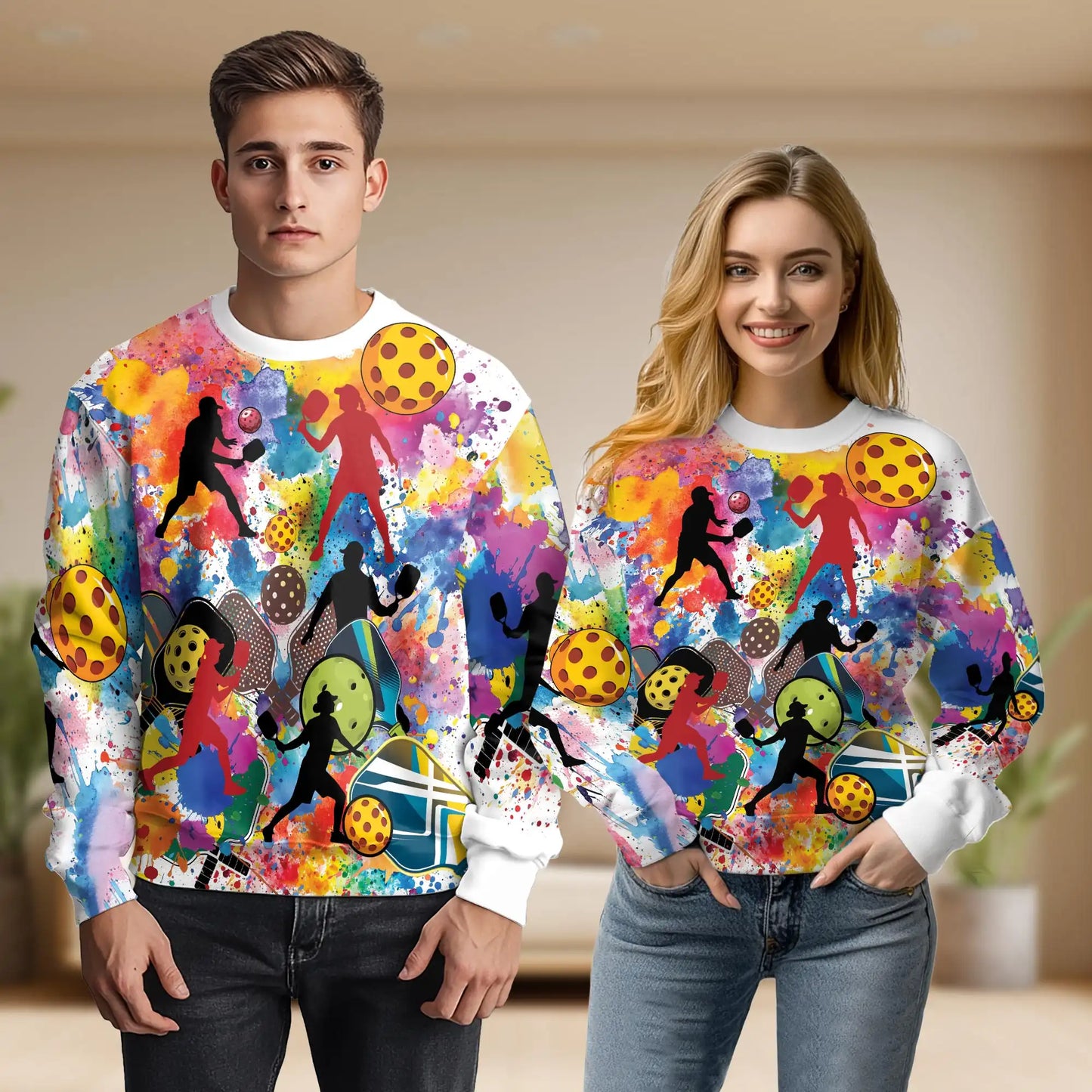 Pickleball Watercolor Splash Sweatshirt – Colorful Graphic 3D All Over Print Design