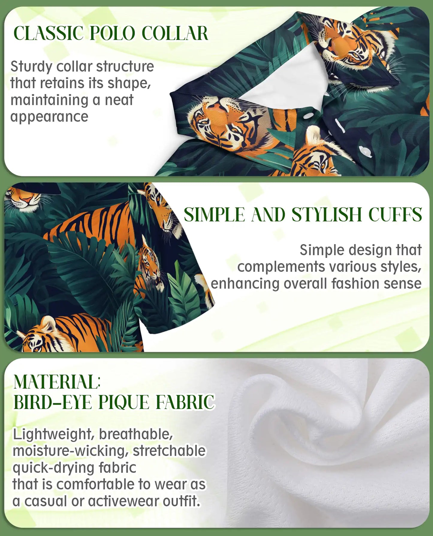 Tiger Jungle 3D Polo Shirt for Men, Wild Animal Tropical Leaf Style | Azhawaiian