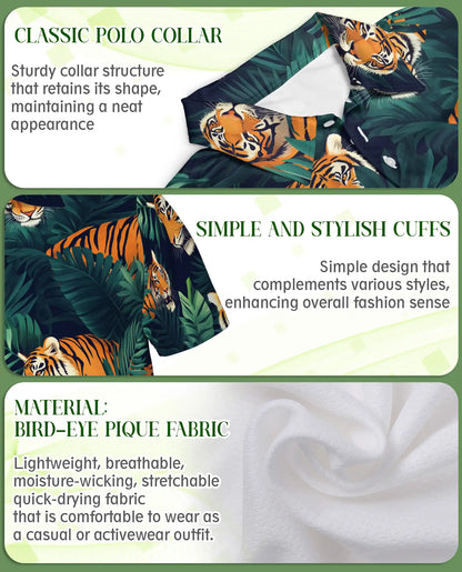 Tiger Jungle 3D Polo Shirt for Men, Wild Animal Tropical Leaf Style | Azhawaiian