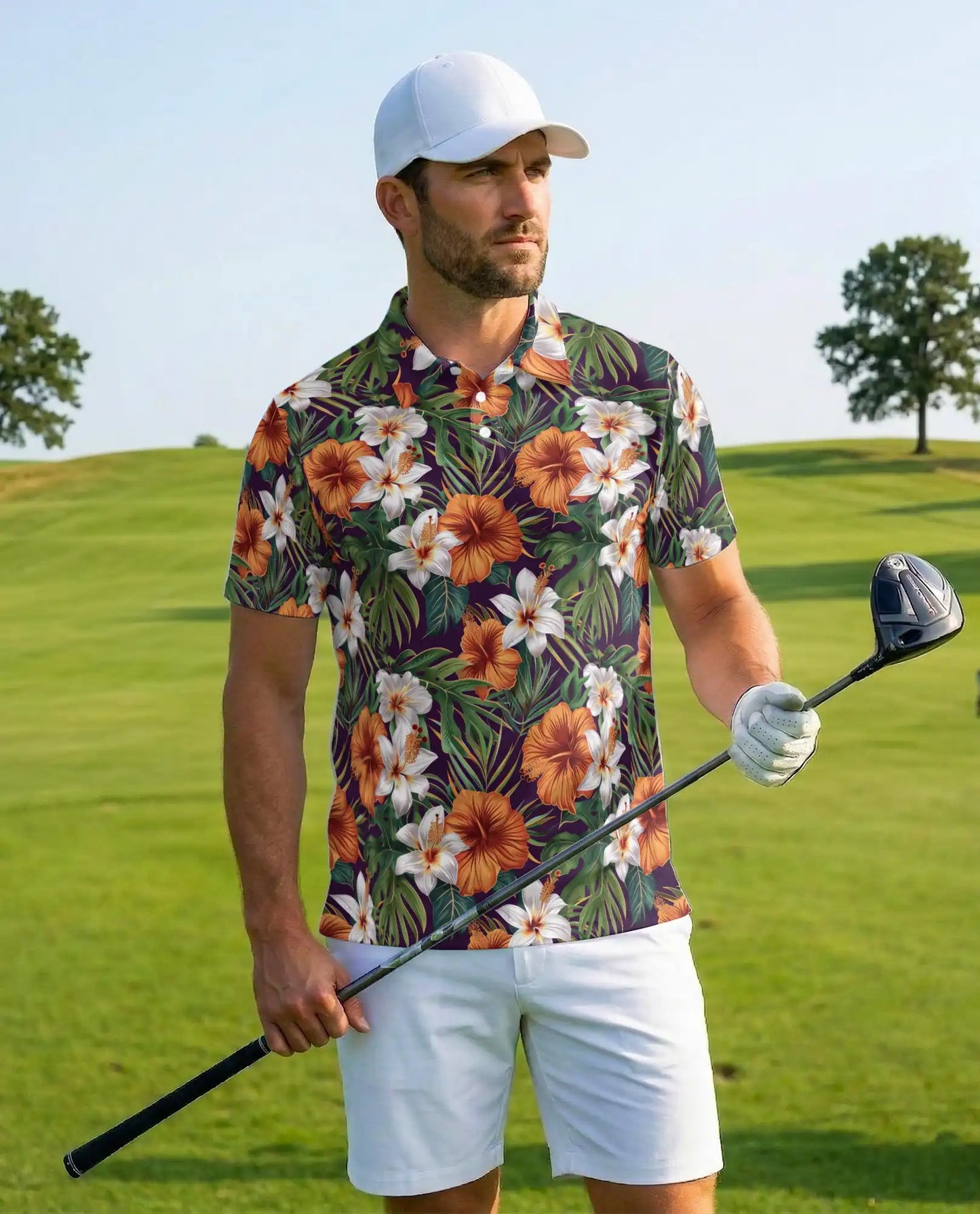 Hibiscus Lily Polo Shirt for Men, Tropical Floral Style | Azhawaiian