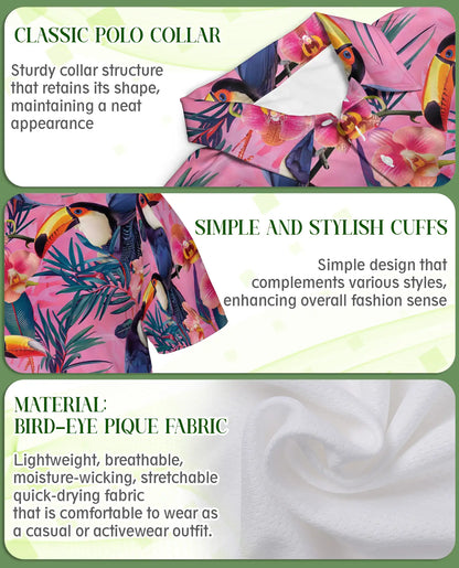 Pink Tropical Toucan Polo Shirt Exotic Bird Floral Print | Azhawaiian