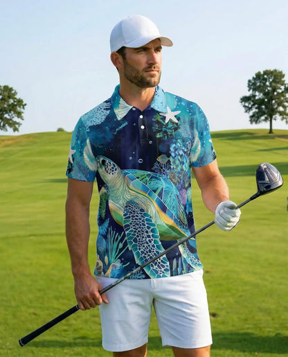 Sea Turtle Polo Shirt - Tropical Ocean Marine Life Coastal Design | Azhawaiian
