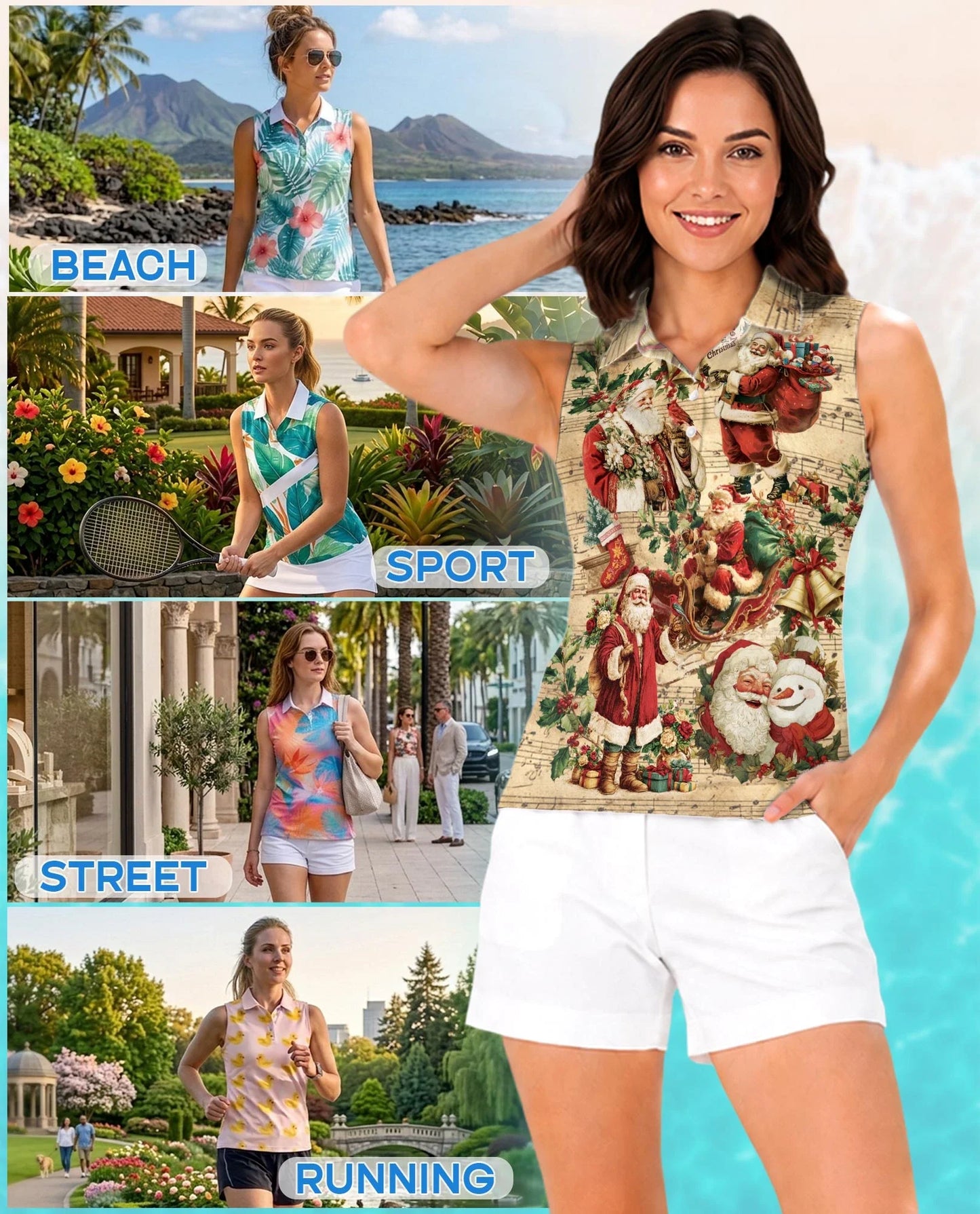 Vintage Music Santa Sleeveless Polo Shirt for Women, Christmas Holiday Style | Azhawaiian