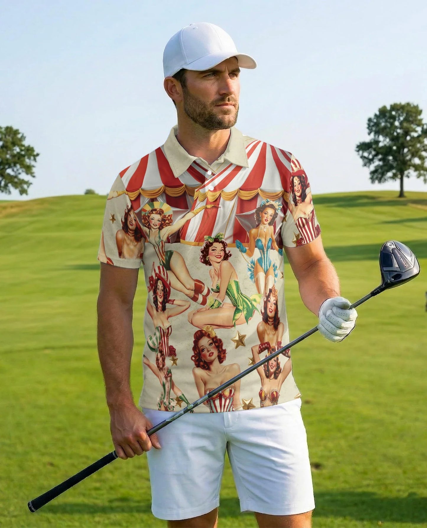 Circus Girls Polo Shirt for Men, Vintage Carnival Art Style | Azhawaiian