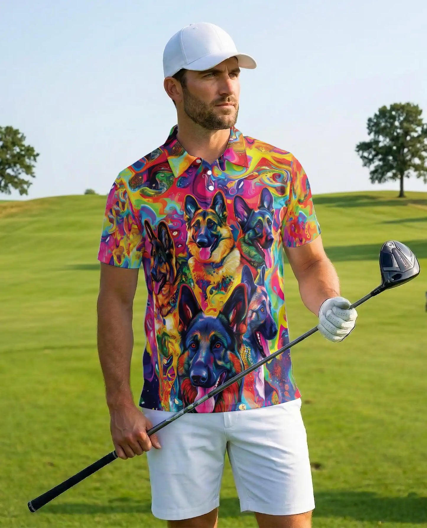 Psychedelic German Shepherd 3D Polo Shirt for Men, Colorful Dog Lover Art Style | Azhawaiian