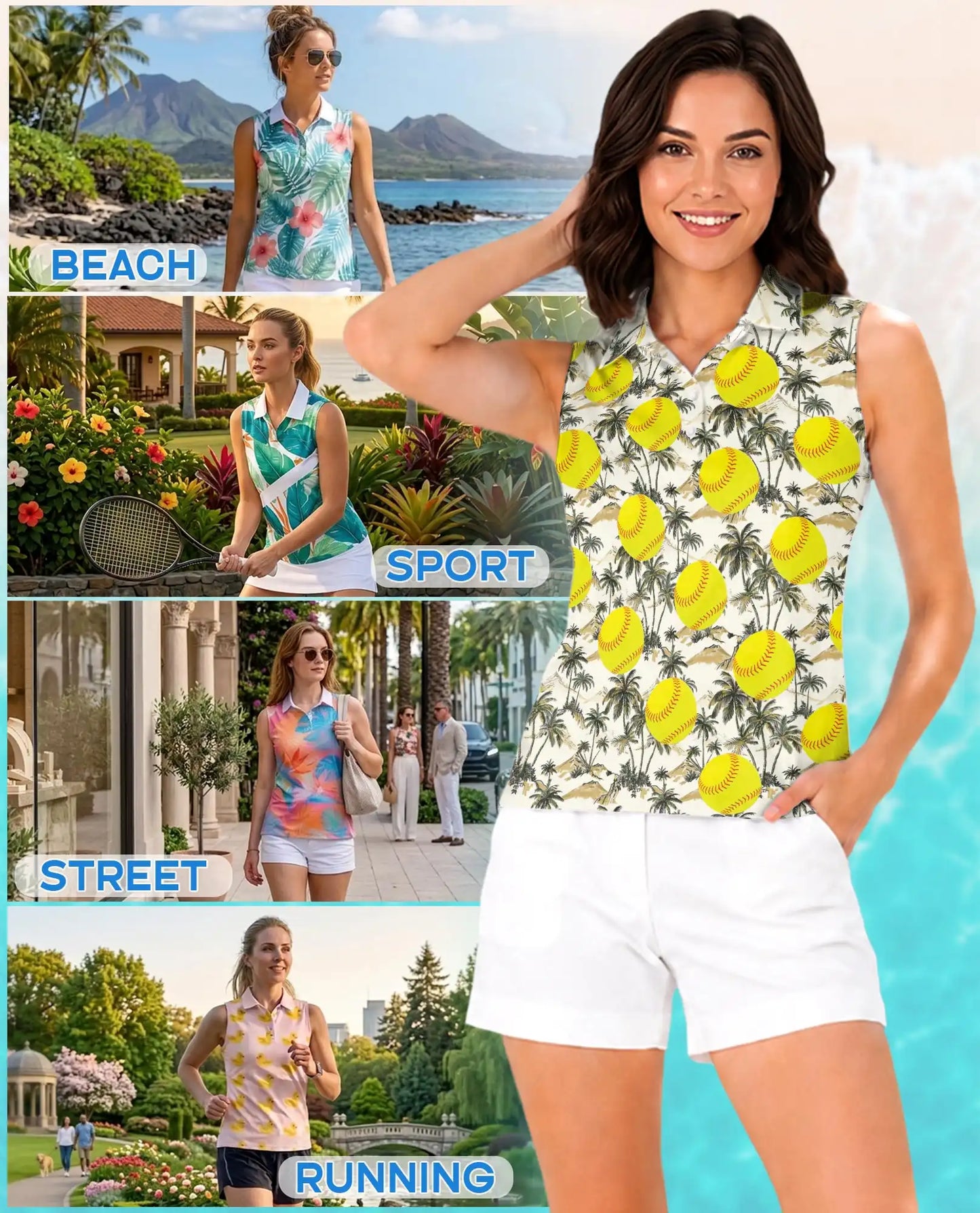 Tropical Palm Tree And Softball Sleeveless Polo Shirt for Women | Azhawaiian