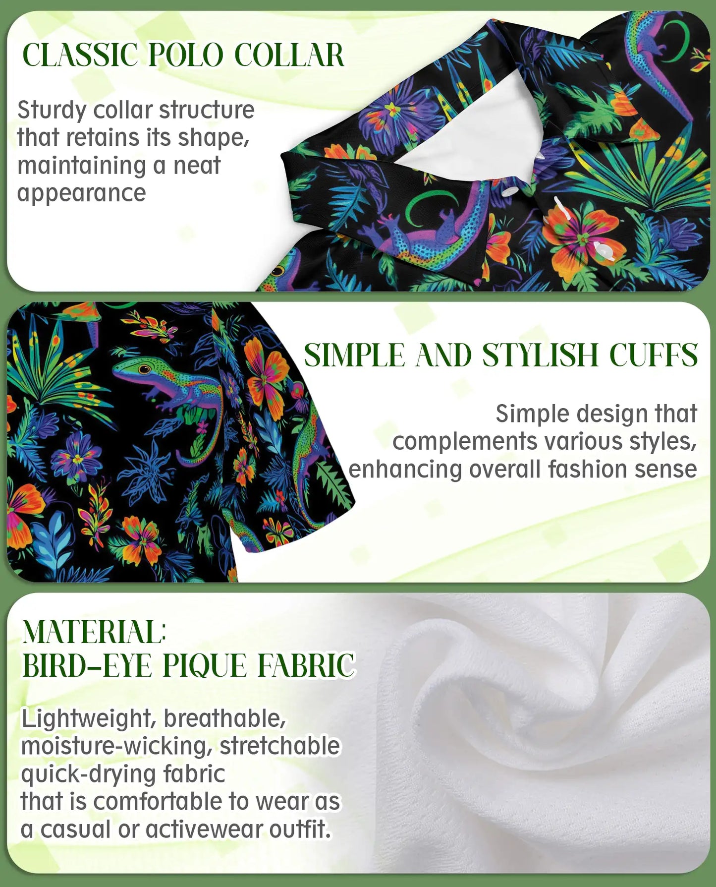 Colorful Chameleon 3D Polo Shirt for Men, Tropical Floral Reptile Style | Azhawaiian