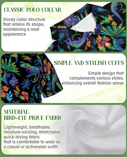 Colorful Chameleon 3D Polo Shirt for Men, Tropical Floral Reptile Style | Azhawaiian