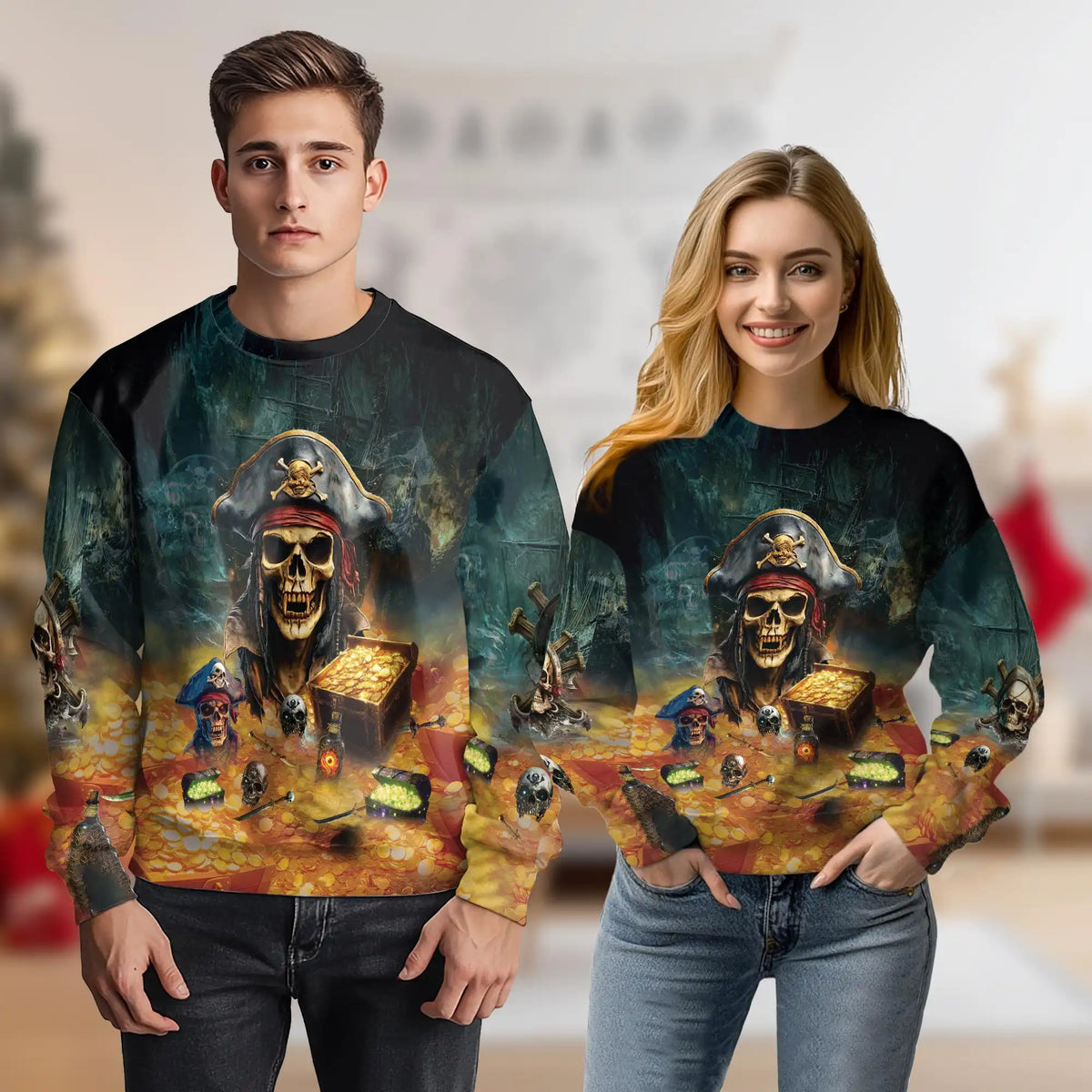 Pirate Skull with Treasure Sweatshirt – Colorful Graphic 3D All Over Print Design