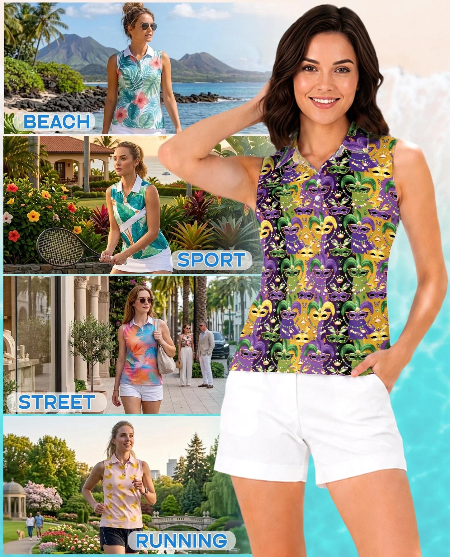 Mardi Gras Mask Sleeveless Polo Shirt for Women | Azhawaiian