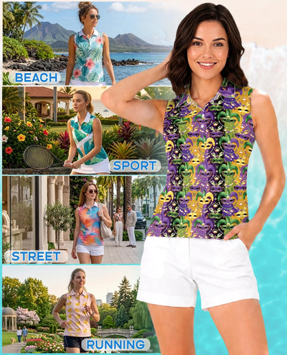 Mardi Gras Mask Sleeveless Polo Shirt for Women | Azhawaiian
