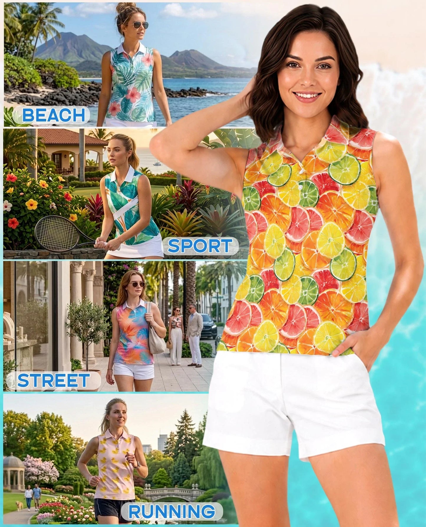 Citrus Fruits Pattern Sleeveless Polo Shirt for Women, Fresh Summer Style | Azhawaiian