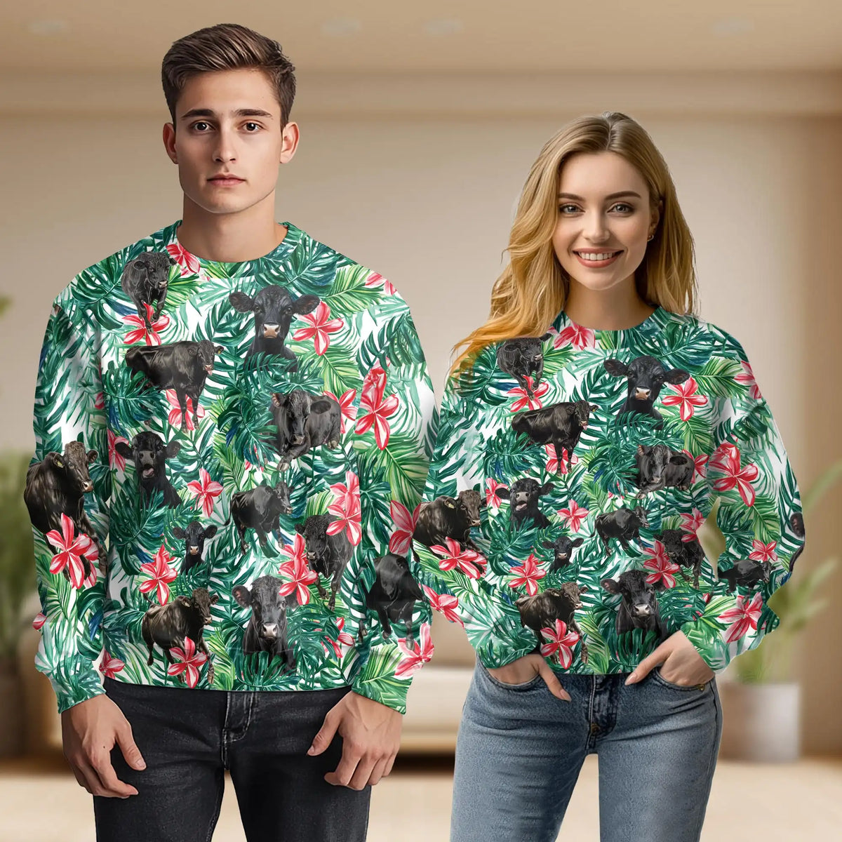 Black Angus Cow Tropical Floral Sweatshirt – Tropical 3D All Over Print Design