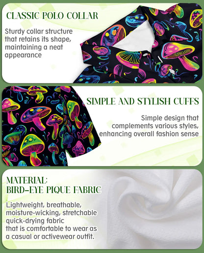 Neon Mushroom Pattern Hawaiian Polo Shirt | Azhawaiian