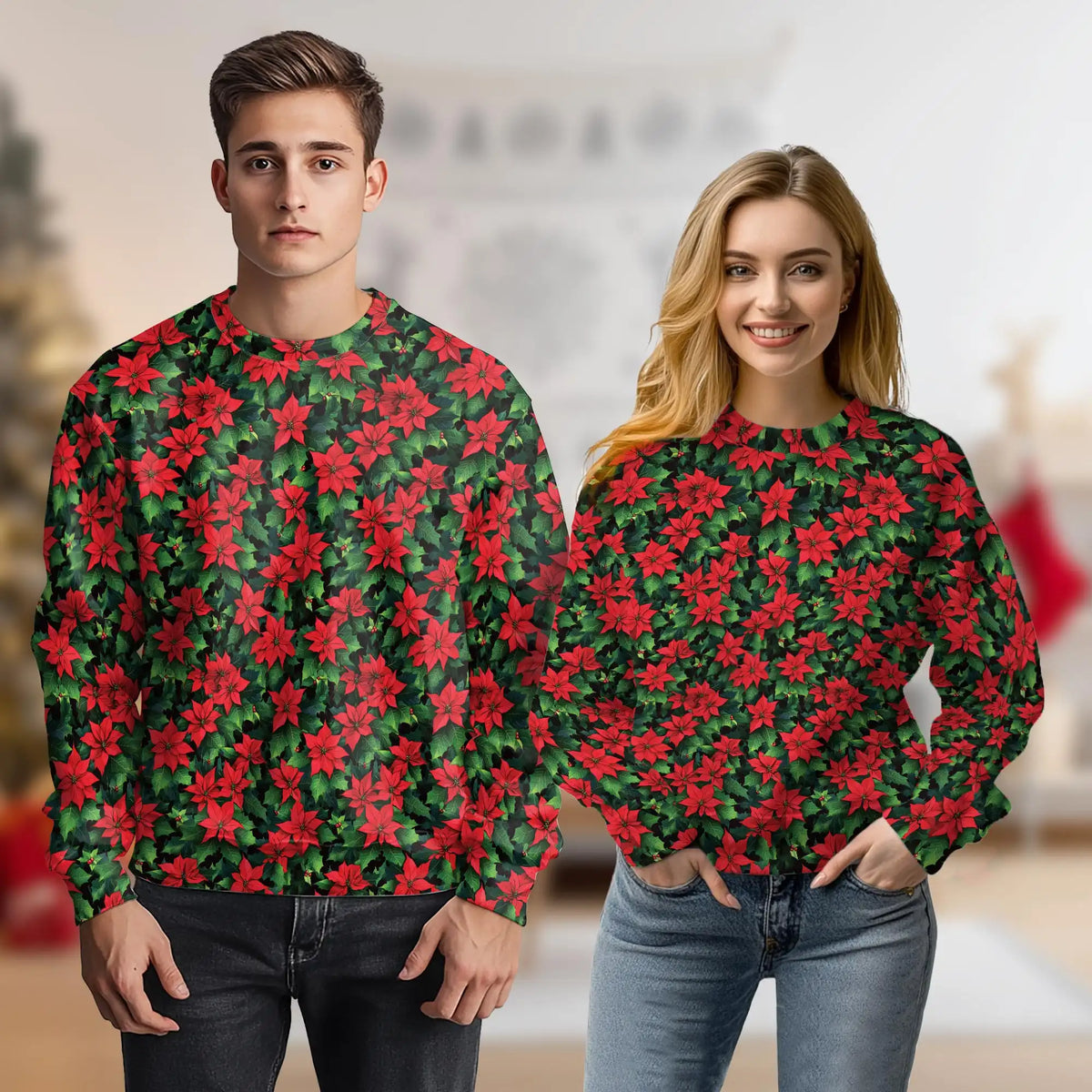 Poinsettia Pattern Sweatshirt – Christmas 3D All Over Print Design