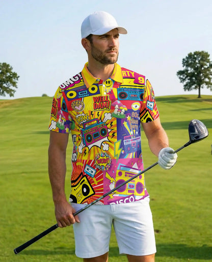 Retro 80s Disco Party Polo Shirt-Neon Boombox Music Design | Azhawaiian