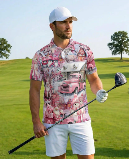 Pink Christmas Truck 3D Polo Shirt for Men, Santa Winter Village Style | Azhawaiian